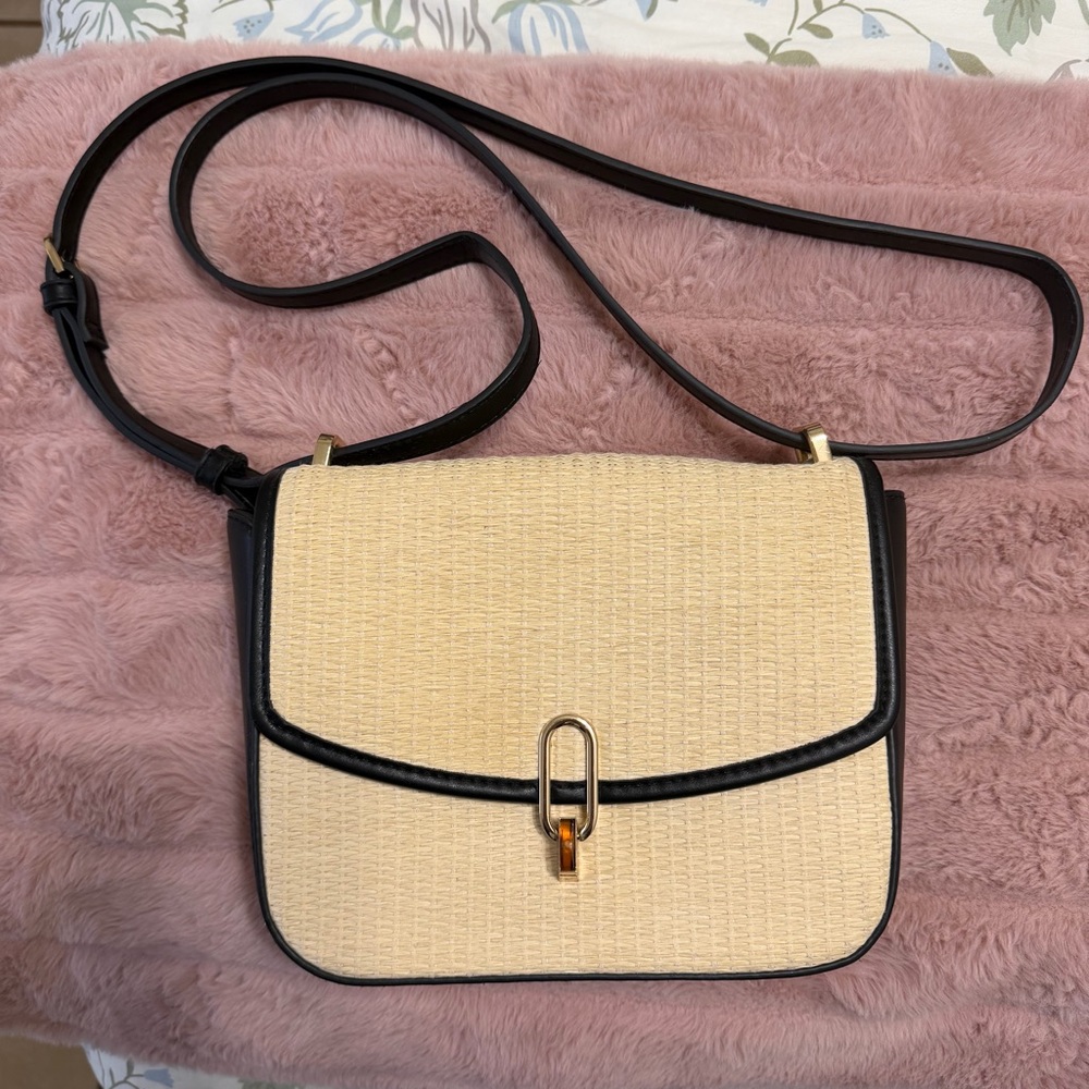 a new day Cream Woven Crossbody with Black Trim